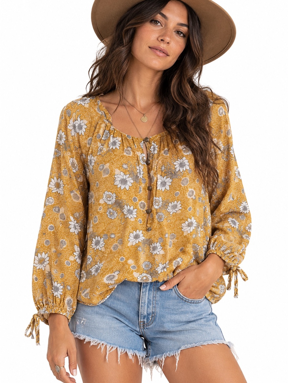 Lucky Brand Mustard Floral Peasant Blouse Women’s M Boho